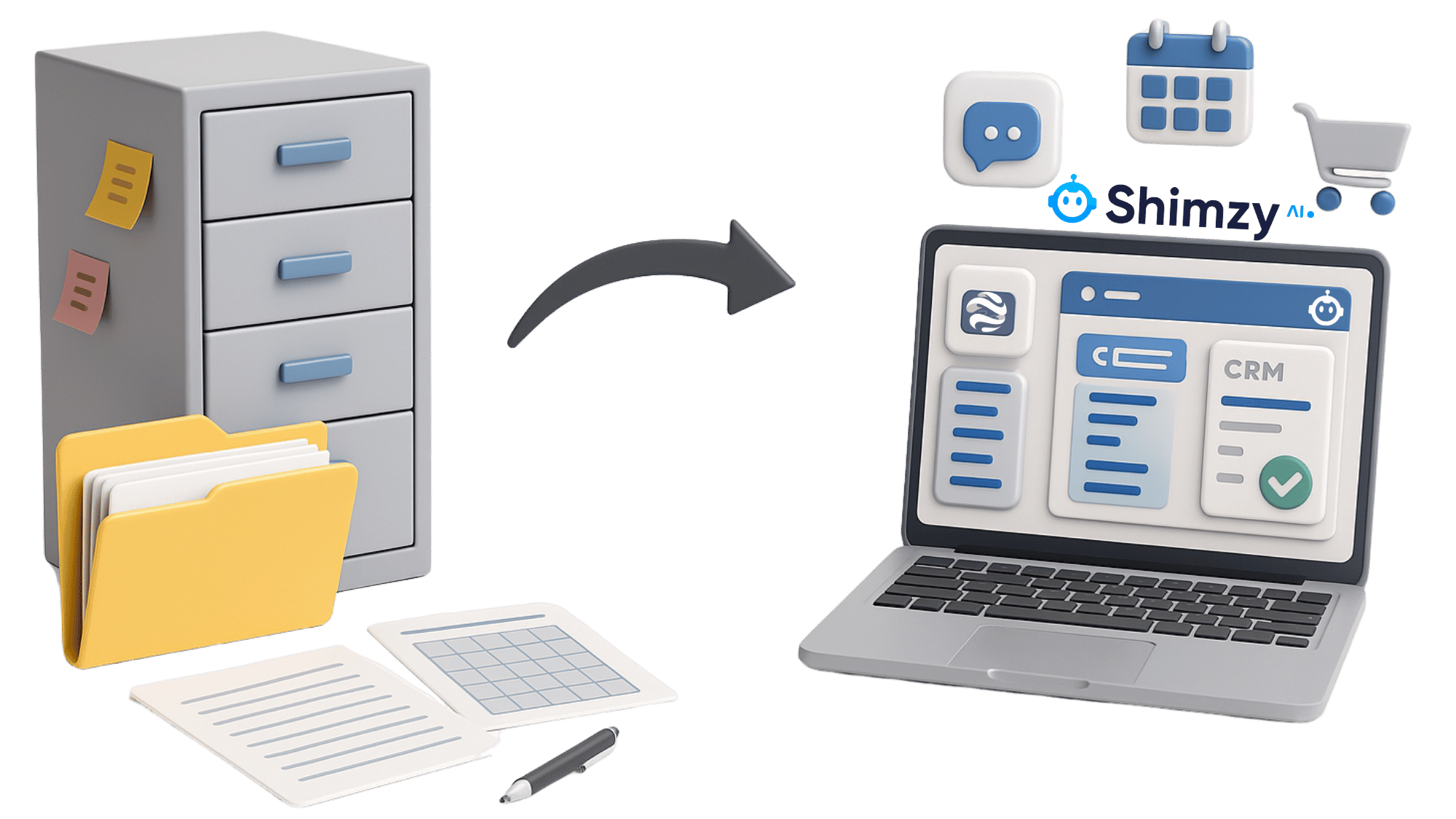 Digital transformation showing file cabinet to computer system